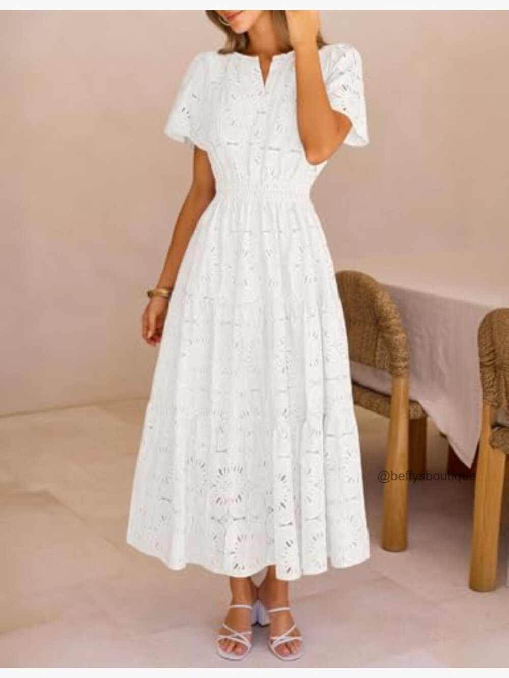 Women's Summer Floral Maxi Dress Boho Eyelet Lace Short Sleeve Tiered Flowy - Picture 2 of 7